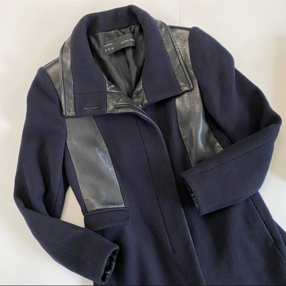 ZARA Navy Wool Black Faux Leather Trim Coat XS - Picture 2 of 12